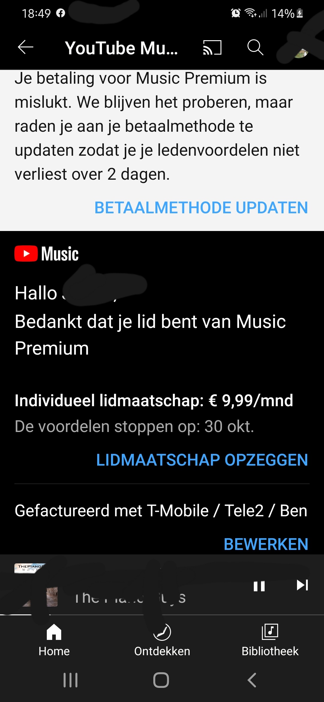 Abonnement YouTube Music betaald via provider Google zegt dat de betaling mislukt is. Wat nu